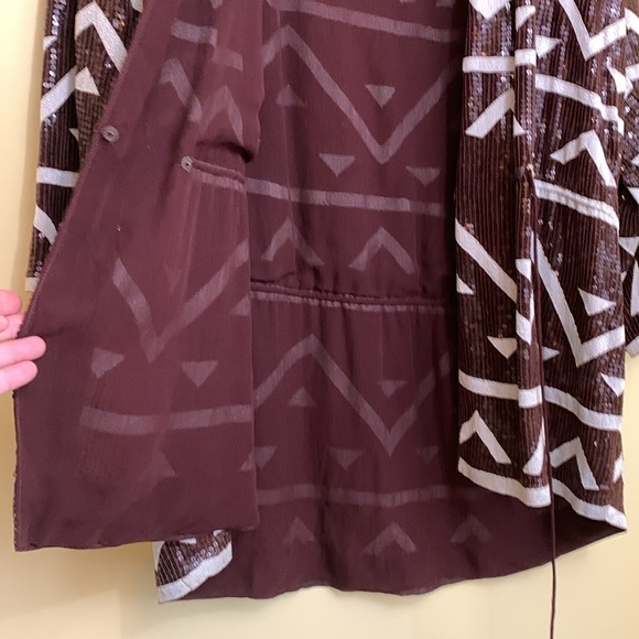 Vintage Fully Sequined Silk Brown White Aztec Design Surplice Tunic Dress XS - Picture 13 of 17